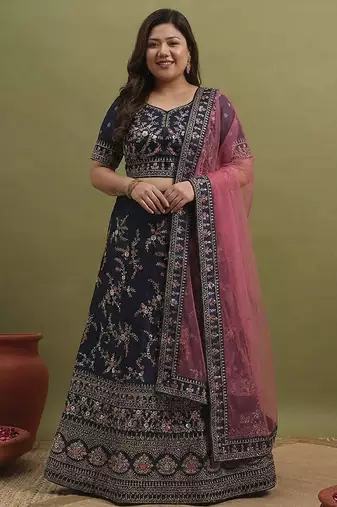Blue And Pink Embroidered Lehenga Choli Customizable Sizes 2XL to 8XL