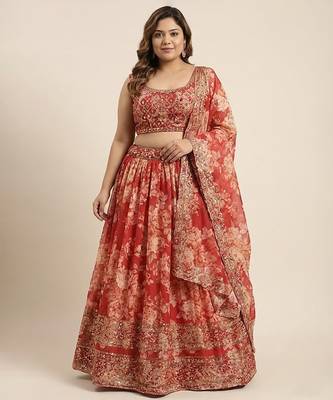 Red Organza Zari And Sequin Floral Embroidered  Customizable Sizes 2XL to 6XL 1