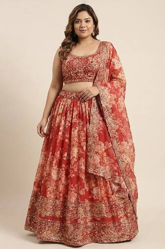 Red Organza Zari And Sequin Floral Embroidered  Customizable Sizes 2XL to 8XL