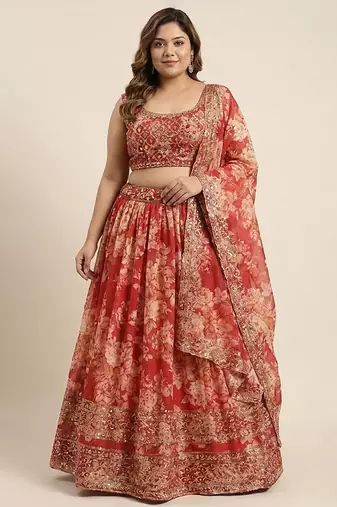 Red Organza Zari And Sequin Floral Embroidered  Customizable Sizes 2XL to 8XL