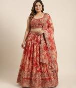 Red Organza Zari And Sequin Floral Embroidered  Customizable Sizes 2XL to 8XL