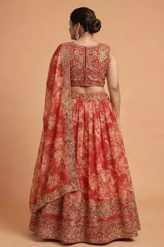 Red Organza Zari And Sequin Floral Embroidered  Customizable Sizes 2XL to 6XL