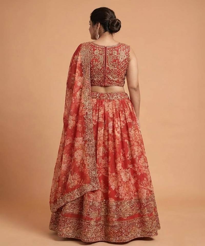 Red Organza Zari And Sequin Floral Embroidered  Customizable Sizes 2XL to 8XL