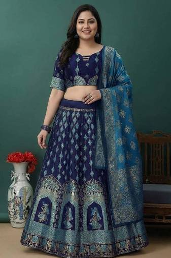 Dark Blue Jacquard Lehenga Choli Customizable Sizes 2XL to 8XL
