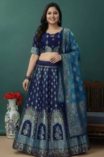 Dark Blue Jacquard Lehenga Choli Customizable Sizes 2XL to 8XL