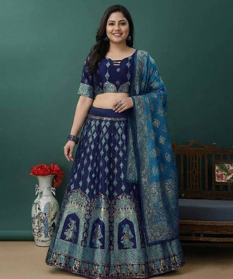 Dark Blue Jacquard Lehenga Choli Customizable Sizes 2XL to 8XL