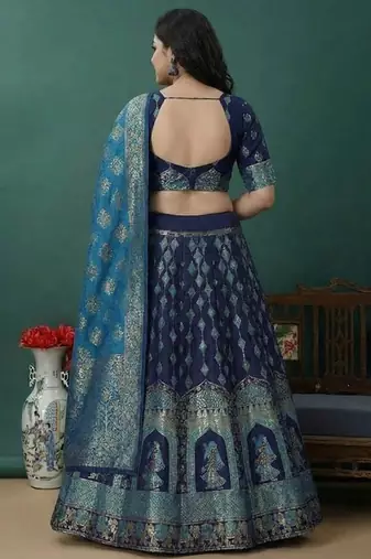 Dark Blue Jacquard Lehenga Choli Customizable Sizes 2XL to 6XL