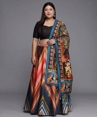 Black Satin Silk Multicolor Printed Lehenga Choli Set Customizable Sizes 2XL to 6XL 1