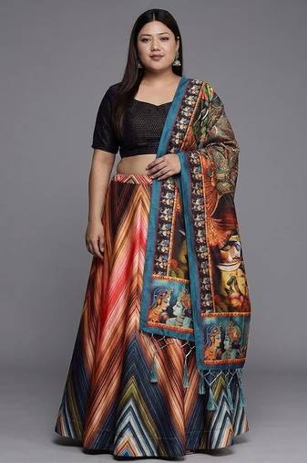 Black Satin Silk Multicolor Printed Lehenga Choli Set Customizable Sizes 2XL to 8XL