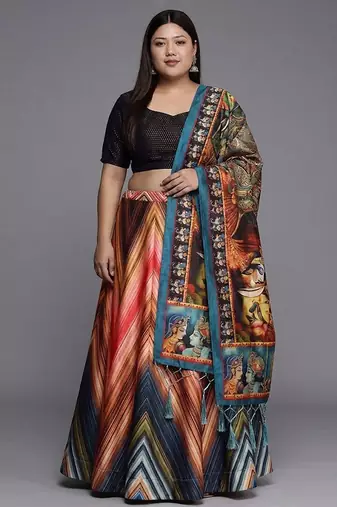 Black Satin Silk Multicolor Printed Lehenga Choli Set Customizable Sizes 2XL to 8XL