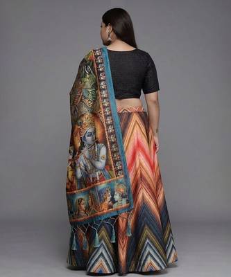 Black Satin Silk Multicolor Printed Lehenga Choli Set Customizable Sizes 2XL to 6XL 2