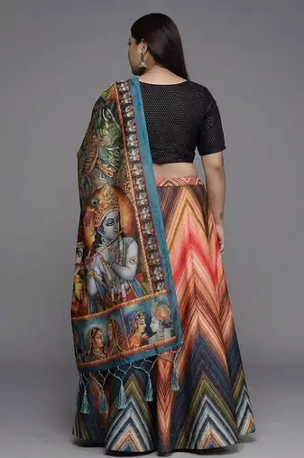 Black Satin Silk Multicolor Printed Lehenga Choli Set Customizable Sizes 2XL to 6XL