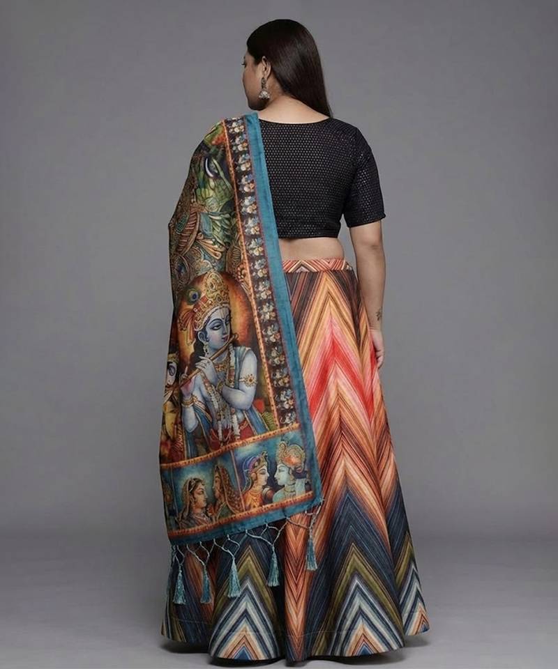 Black Satin Silk Multicolor Printed Lehenga Choli Set Customizable Sizes 2XL to 8XL
