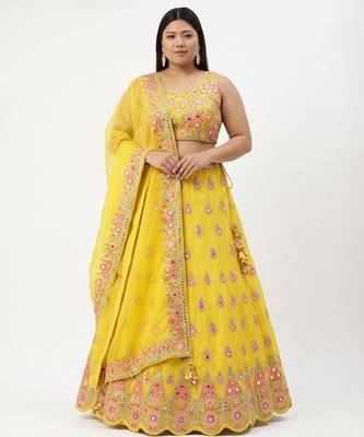 Yellow Mirror Work Lehenga Set Customizable Sizes 2XL to 6XL 1