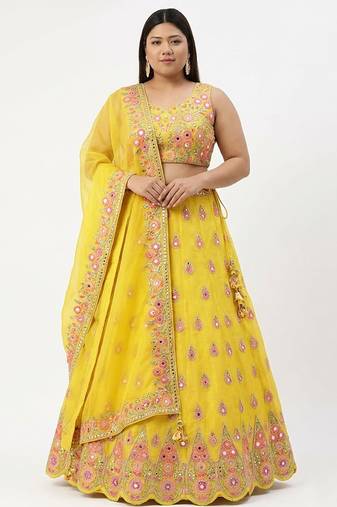 Yellow Mirror Work Lehenga Set Customizable Sizes 2XL to 8XL