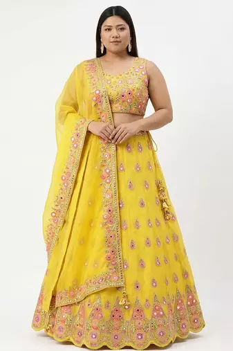 Yellow Mirror Work Lehenga Set Customizable Sizes 2XL to 8XL