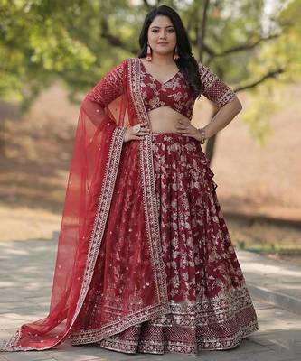 Red Jacquard Lehenga Choli With Dupatta Customizable Sizes 2XL to 6XL 1