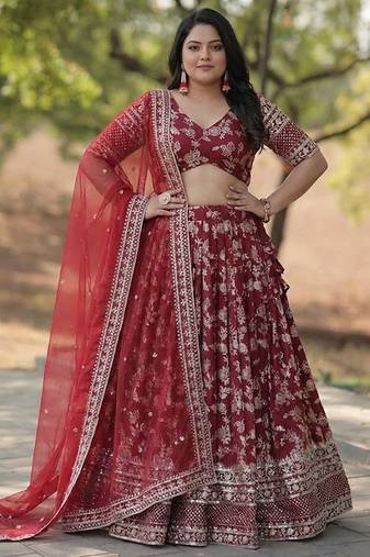 Red Jacquard Lehenga Choli With Dupatta Customizable Sizes 2XL to 8XL