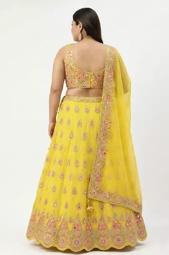 Yellow Mirror Work Lehenga Set Customizable Sizes 2XL to 6XL