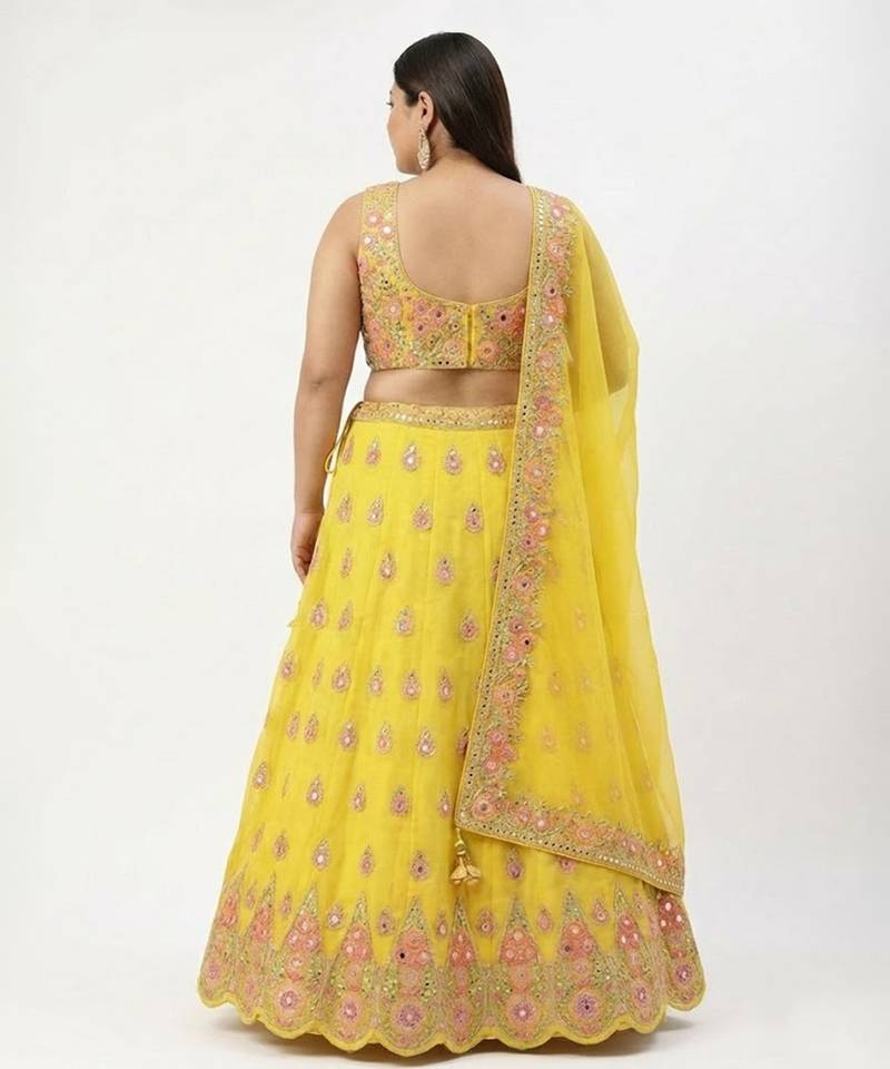 Yellow Mirror Work Lehenga Set Customizable Sizes 2XL to 8XL