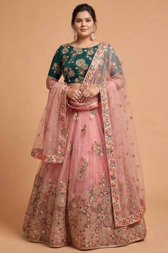 Classiques Net Embroidered Peach Lehenga Choli Set Customizable Sizes 2XL to 8XL