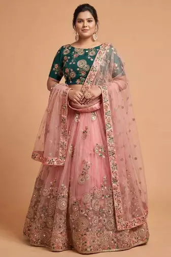 Classiques Net Embroidered Peach Lehenga Choli Set Customizable Sizes 2XL to 8XL