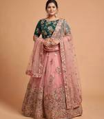 Classiques Net Embroidered Peach Lehenga Choli Set Customizable Sizes 2XL to 8XL