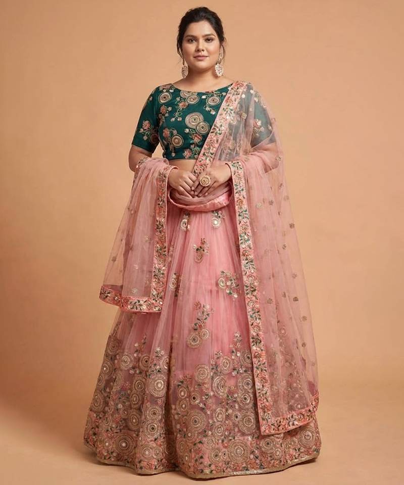 Classiques Net Embroidered Peach Lehenga Choli Set Customizable Sizes 2XL to 8XL