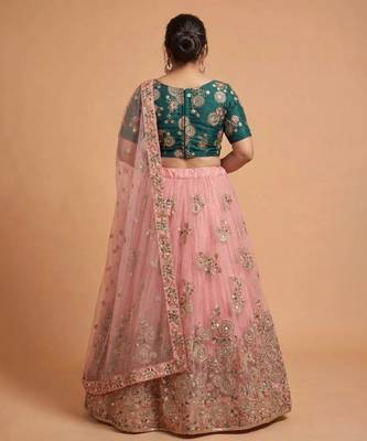 Classiques Net Embroidered Peach Lehenga Choli Set Customizable Sizes 2XL to 6XL 2