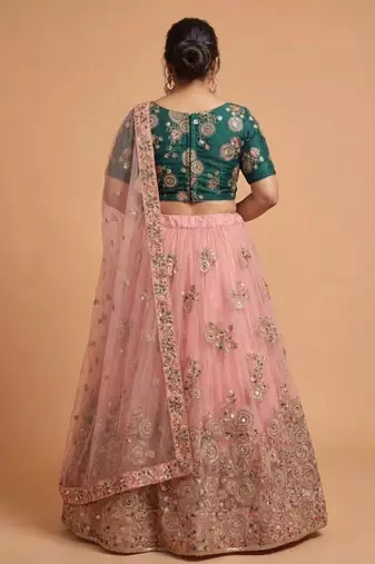 Classiques Net Embroidered Peach Lehenga Choli Set Customizable Sizes 2XL to 6XL