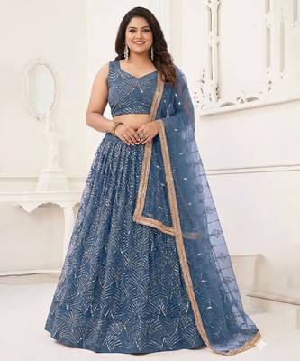 Blue Net Lehenga Choli Set For With Sequins Embroidery Customizable Sizes 2XL to 6XL 1