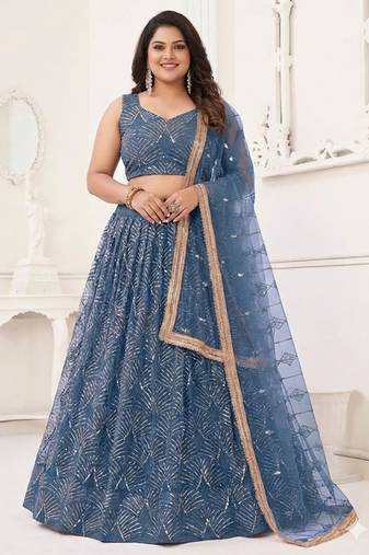 Blue Net Lehenga Choli Set For With Sequins Embroidery Customizable Sizes 2XL to 8XL