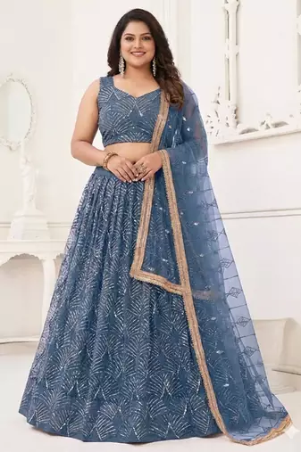 Blue Net Lehenga Choli Set For With Sequins Embroidery Customizable Sizes 2XL to 8XL