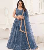 Blue Net Lehenga Choli Set For With Sequins Embroidery Customizable Sizes 2XL to 8XL