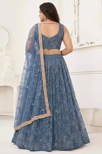 Blue Net Lehenga Choli Set For With Sequins Embroidery Customizable Sizes 2XL to 6XL