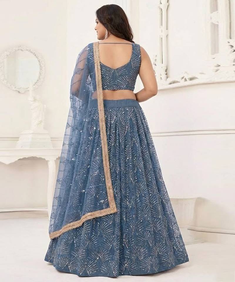 Blue Net Lehenga Choli Set For With Sequins Embroidery Customizable Sizes 2XL to 8XL