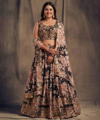 Black Organza Lehenga Choli With Floral Prints Customizable Sizes 2XL to 6XL 1
