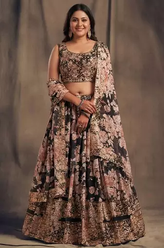 Black Organza Lehenga Choli With Floral Prints Customizable Sizes 2XL to 8XL