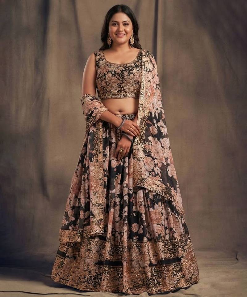 Black Organza Lehenga Choli With Floral Prints Customizable Sizes 2XL to 8XL