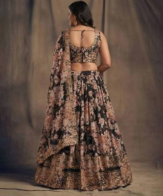 Black Organza Lehenga Choli With Floral Prints Customizable Sizes 2XL to 6XL 2