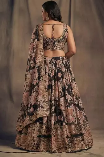 Black Organza Lehenga Choli With Floral Prints Customizable Sizes 2XL to 6XL