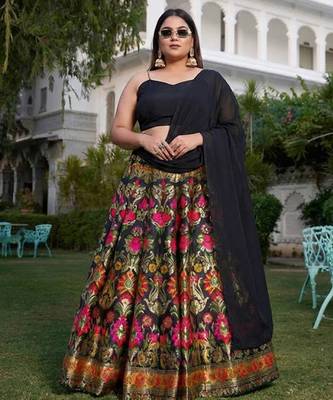 Black Banarasi Silk Lehenga Choli Customizable Sizes 2XL to 6XL 1