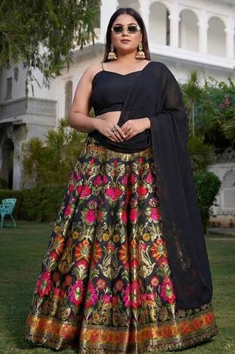 Black Banarasi Silk Lehenga Choli Customizable Sizes 2XL to 8XL