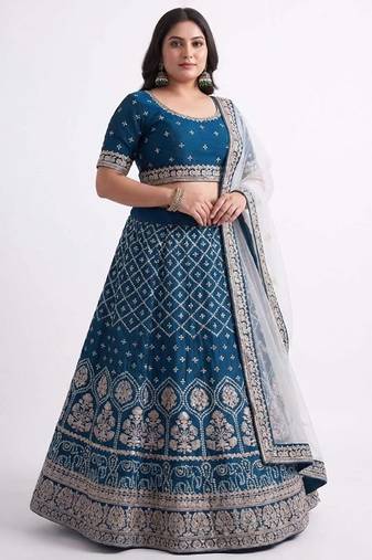 Blue Embroidered Lehenga Choli Customizable Sizes 2XL to 8XL