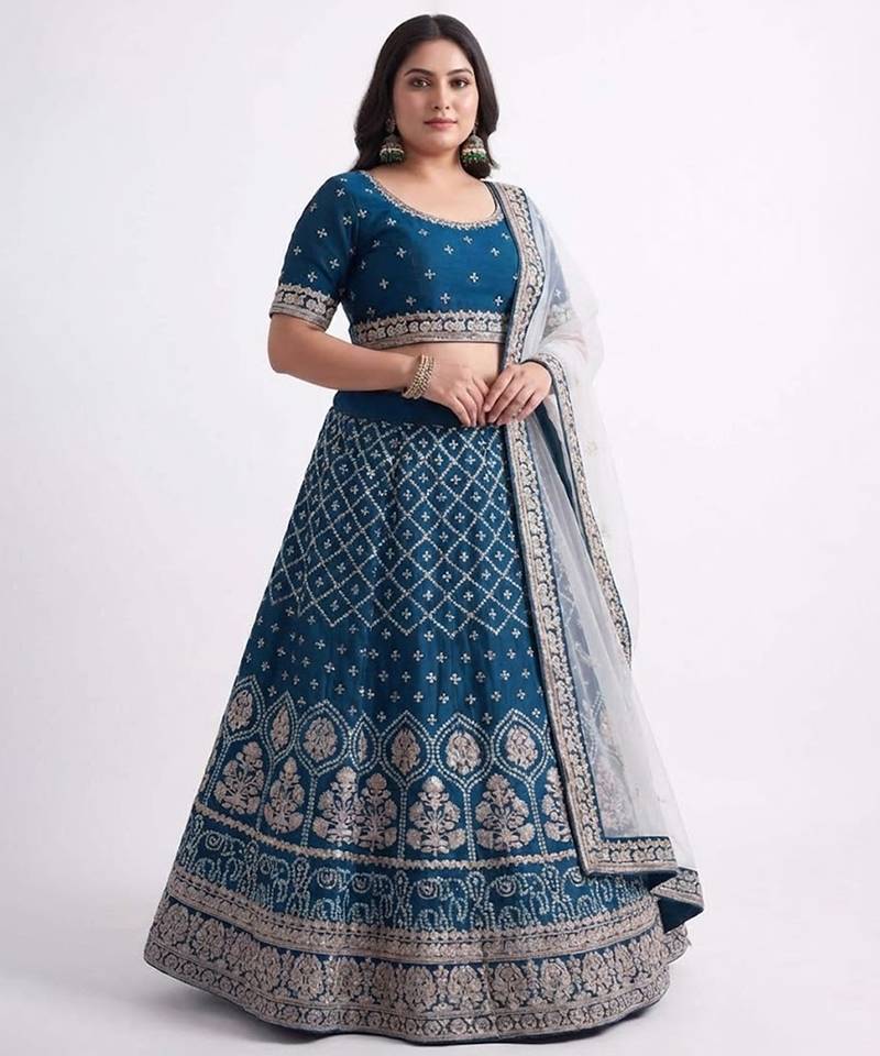 Blue Embroidered Lehenga Choli Customizable Sizes 2XL to 8XL