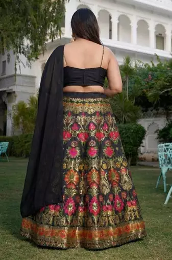 Black Banarasi Silk Lehenga Choli Customizable Sizes 2XL to 6XL