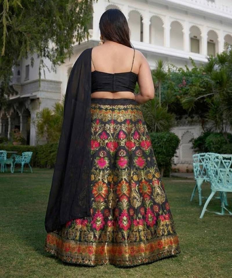 Black Banarasi Silk Lehenga Choli Customizable Sizes 2XL to 8XL