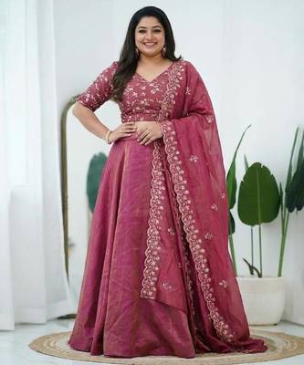 Pink Art Silk Lehenga With Embroidered Dupatta Customizable Sizes 2XL to 6XL 1