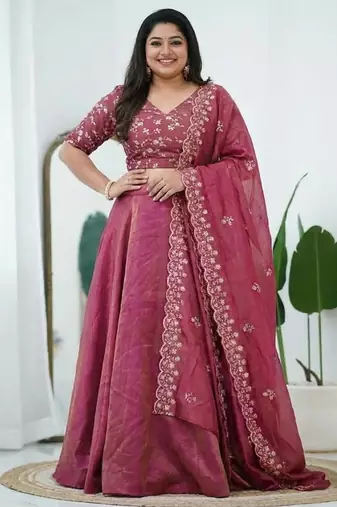 Pink Art Silk Lehenga With Embroidered Dupatta Customizable Sizes 2XL to 8XL