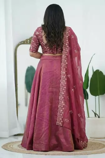 Pink Art Silk Lehenga With Embroidered Dupatta Customizable Sizes 2XL to 6XL